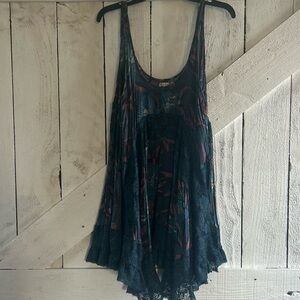 Free People Navy Blue Floral Lace-Trim Blouse with pink Accents